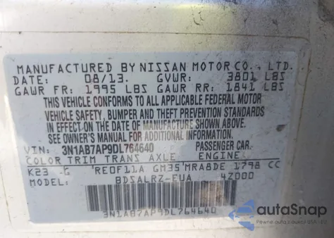 2013 Nissan Sentra Sr из США, поврежденный, VIN 3N1AB7AP9DL764640